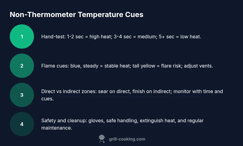 Infographic showing steps to estimate grill temperature without a thermometer