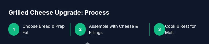 Process diagram showing bread prep, assembly with cheese, and cooking in a skillet